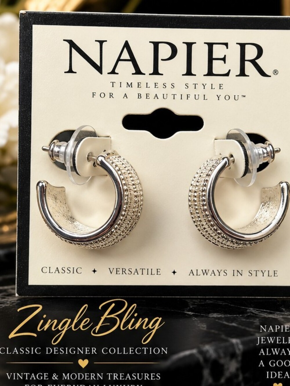 Napier Silver-Tone Textured Hoop Earrings — New on Original Card